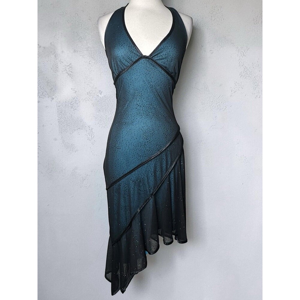 Y2K Babydoll Halter Dress Size S Black Teal Embellished Asymmetric Hem Charmed